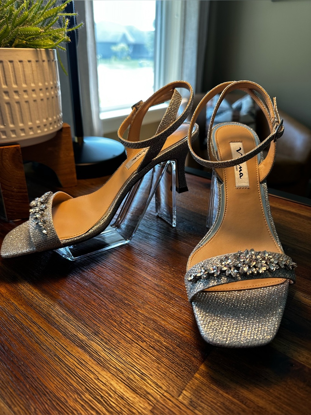 NWT Nina Silver Crystal-Embellished Clear Heel Sandals